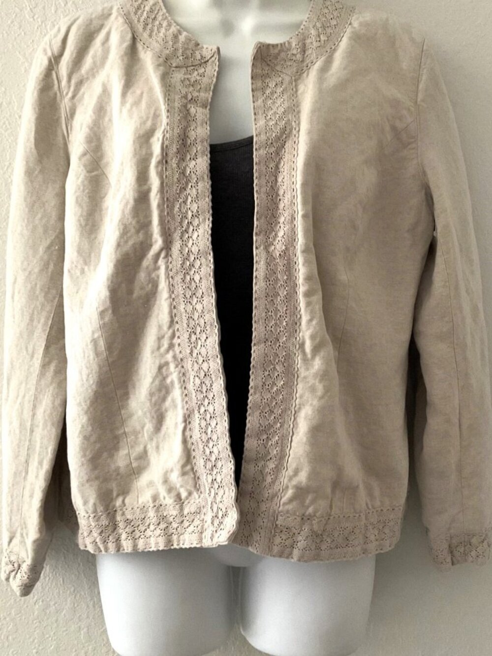 Y2K Dress Barn Beige Lace Open Front Lined Blazer Size M